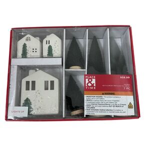 Place & Time 7 Pc Ceramic Led Village House‎ Set Bottle Brush Tree Home Decor